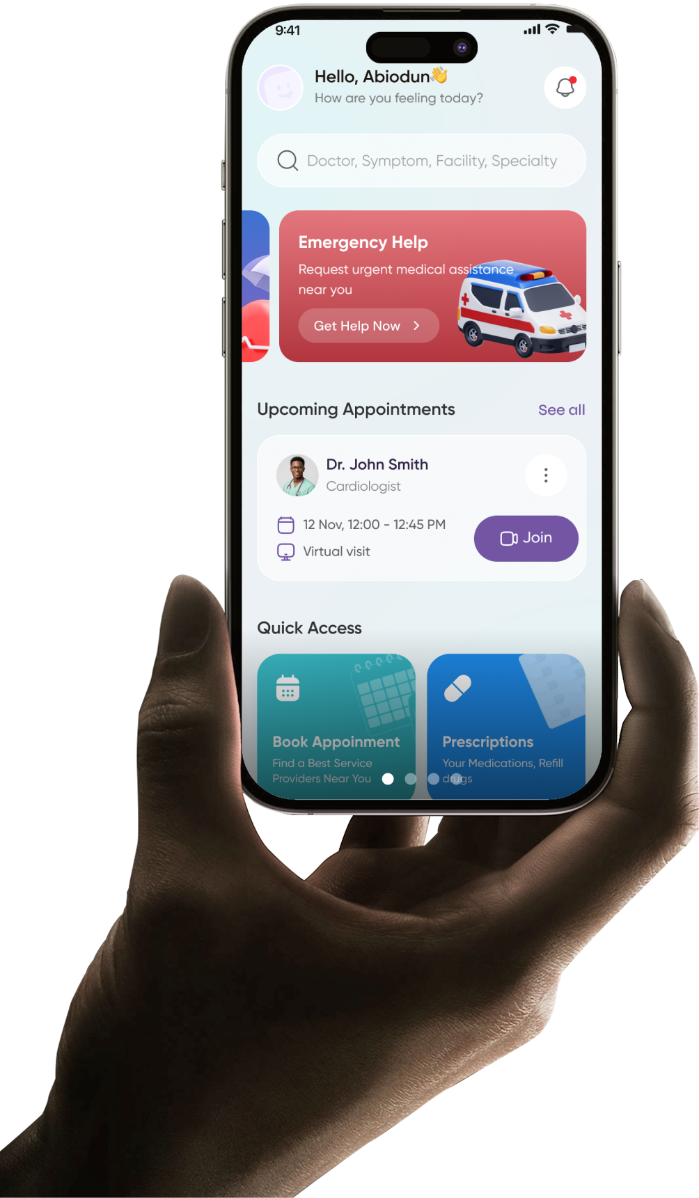 Hand holding phone with QwikCare app